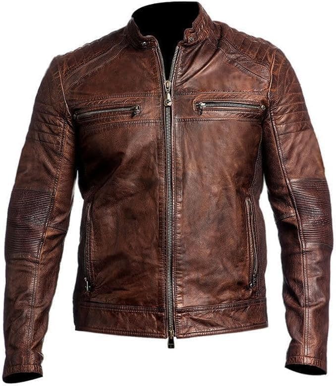 Qawaicche Men Classic Biker Vintage Antique Brown Cafe Racer